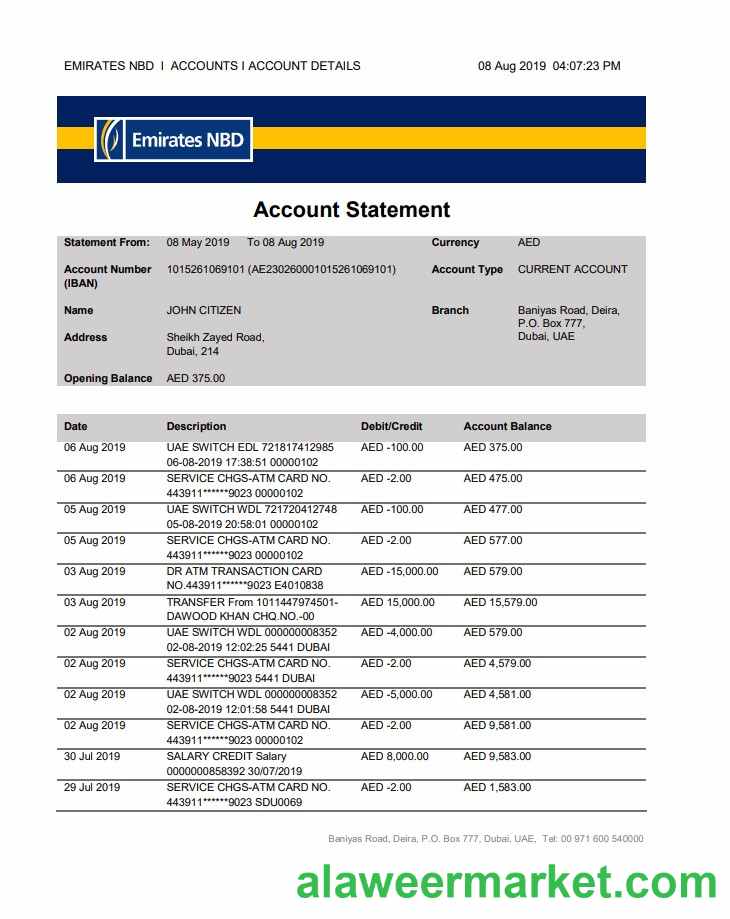 UAE Dubai Emirates NBD bank proof of address statement template in Word and PDF format